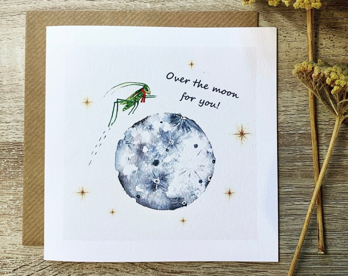 Over The Moon For You Grasshopper Watercolor Moon Card Poster