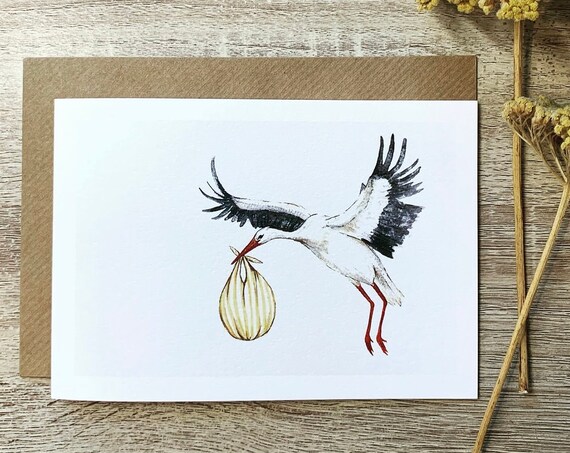 Sweet Stork Carrying Bundle Watercolor New Baby Shower Wall Art