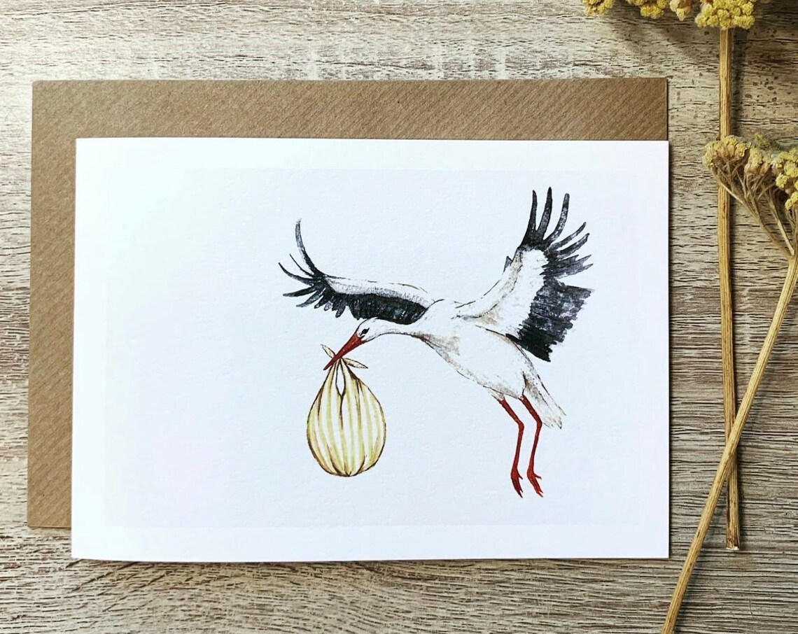Sweet Stork Carrying Bundle Watercolor New Baby Shower Wall Art