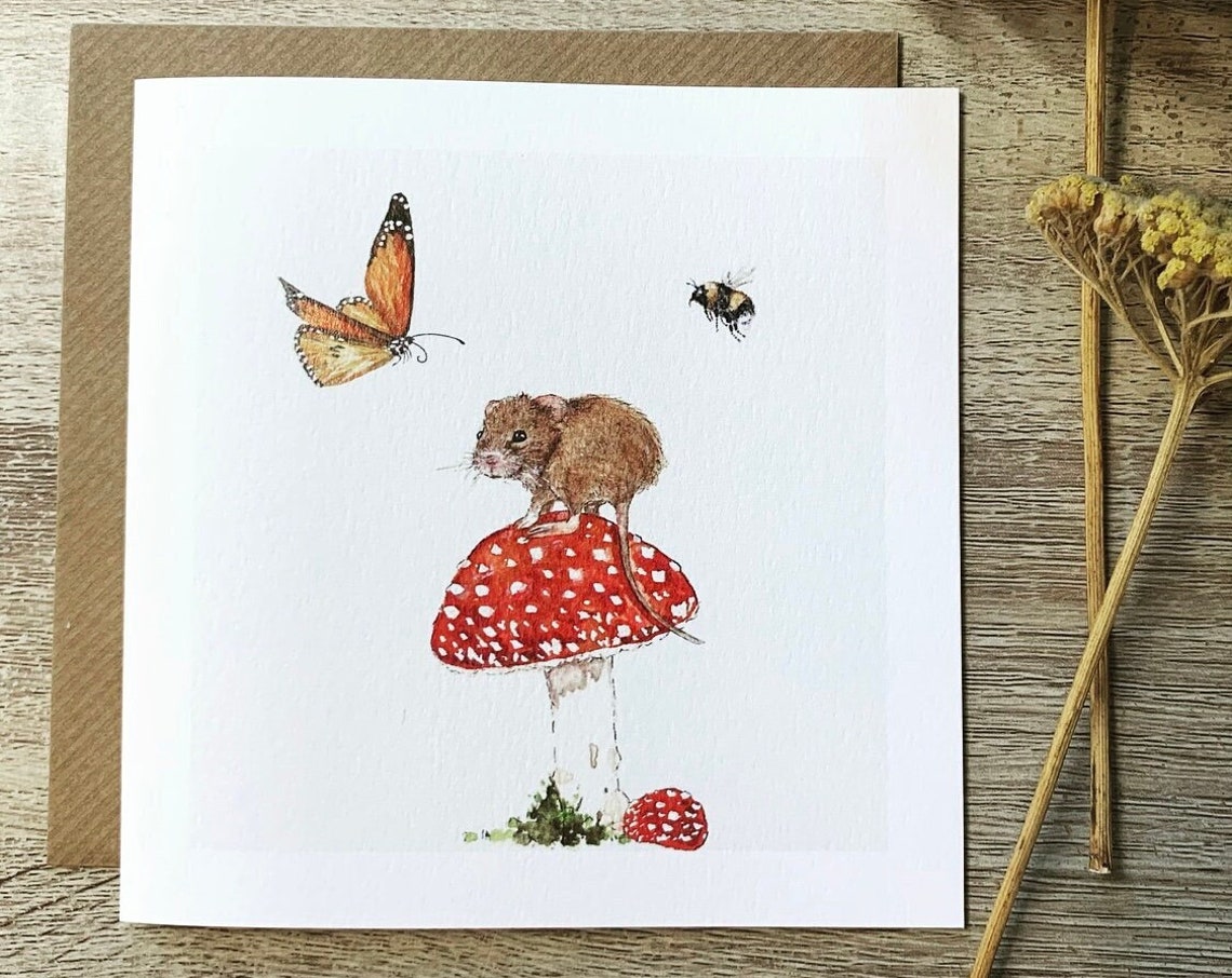 Mouse and Toadstool Watercolor Blank Card Woodland Animal Art Print
