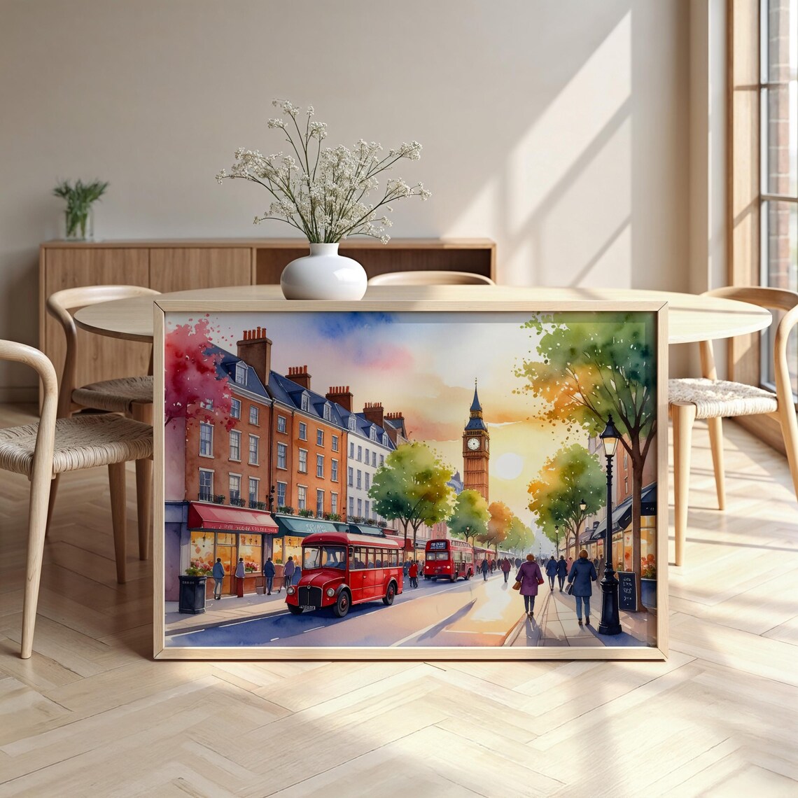 London Street Watercolor Poster Red Double Decker Bus Big Ben Shopfront Art