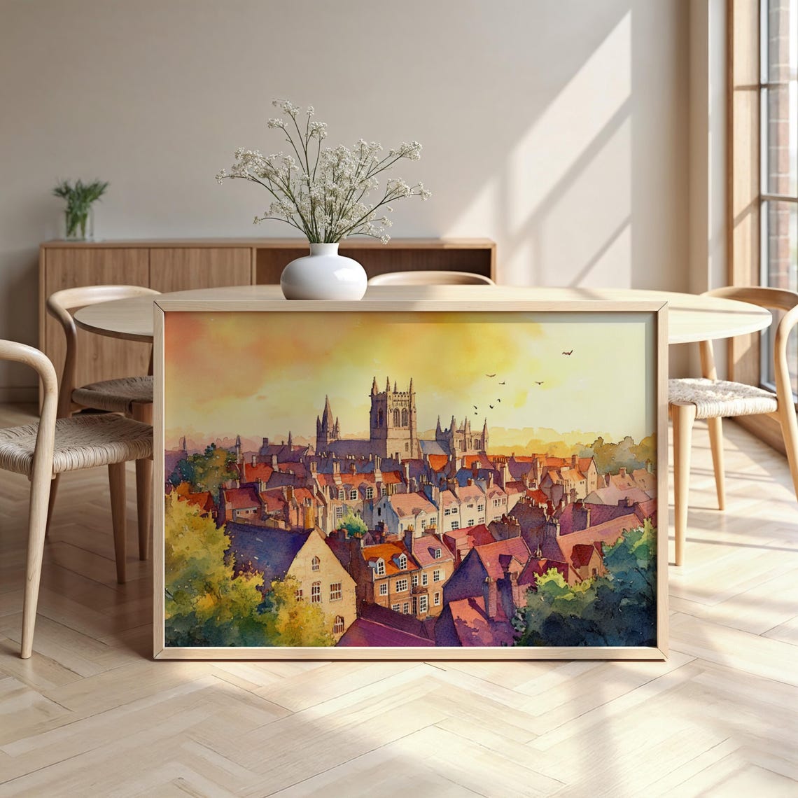 York England Watercolor Cityscape Cathedral Rooftops Sunset Poster