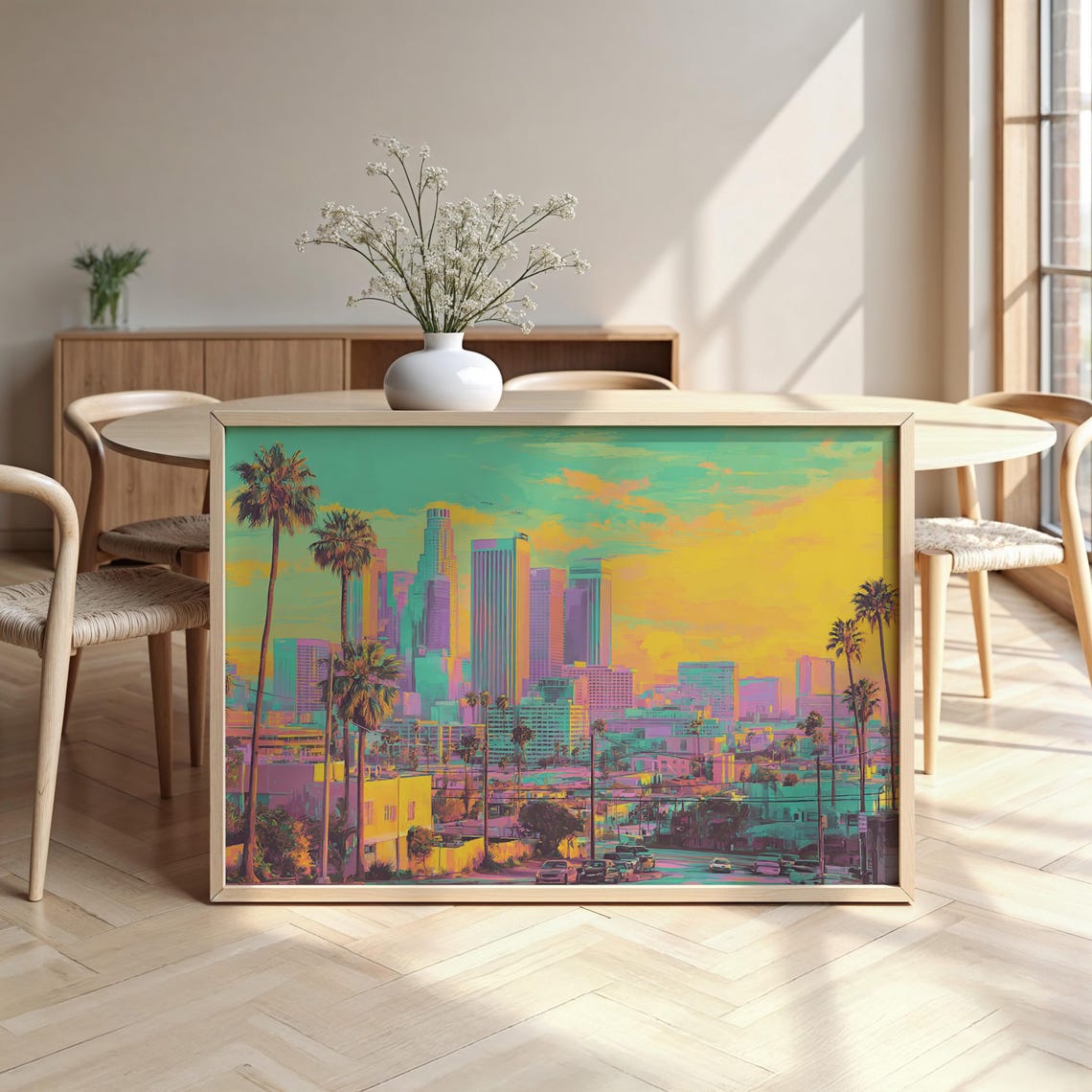 Los Angeles Downtown Skyline Palm Trees Teal Sunset Watercolor Poster