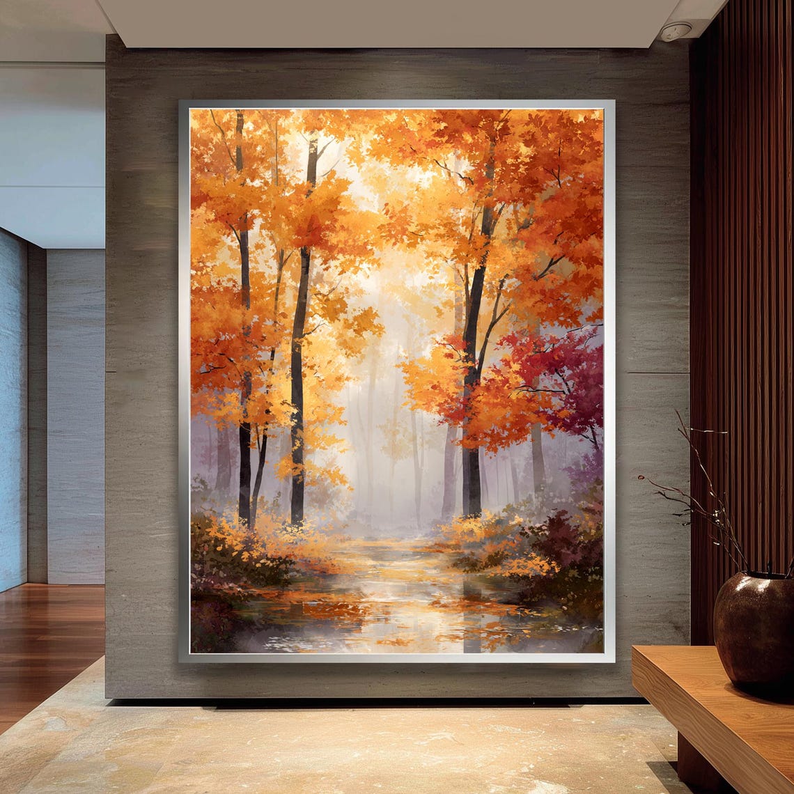 Golden Autumn Trees Painting Poster Misty Fall Forest Art Decor