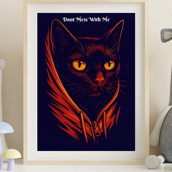 Dont Mess With Me Grumpy Black Cat in Hoodie Neon Art Poster