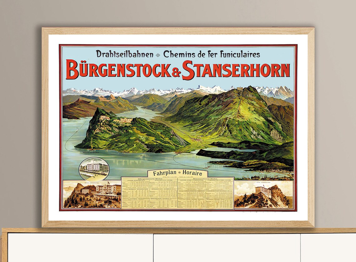 Bürgenstock Stanserhorn Funicular Swiss Lake Timetable Travel Poster - Image 2