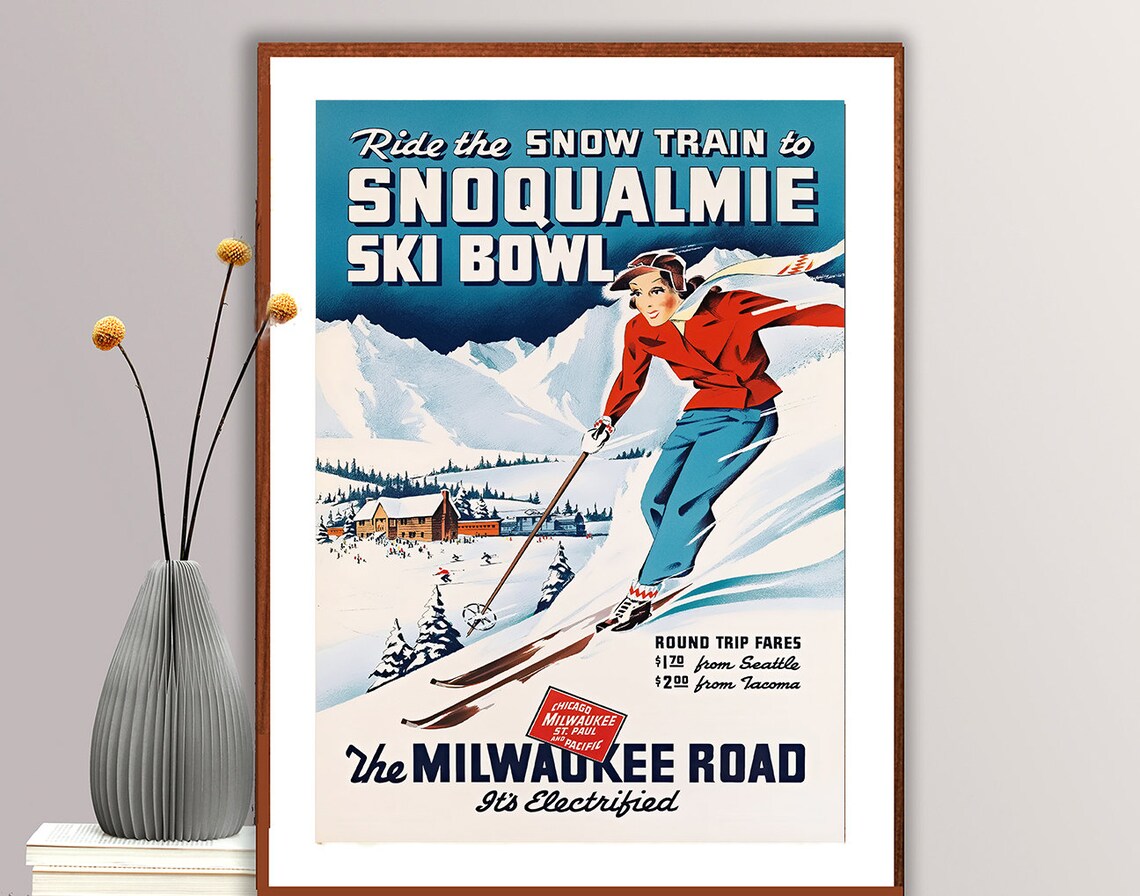 Ride to Snow Train to Snoqualmie Ski Bowl, Vintage Ski Poster - Image 2