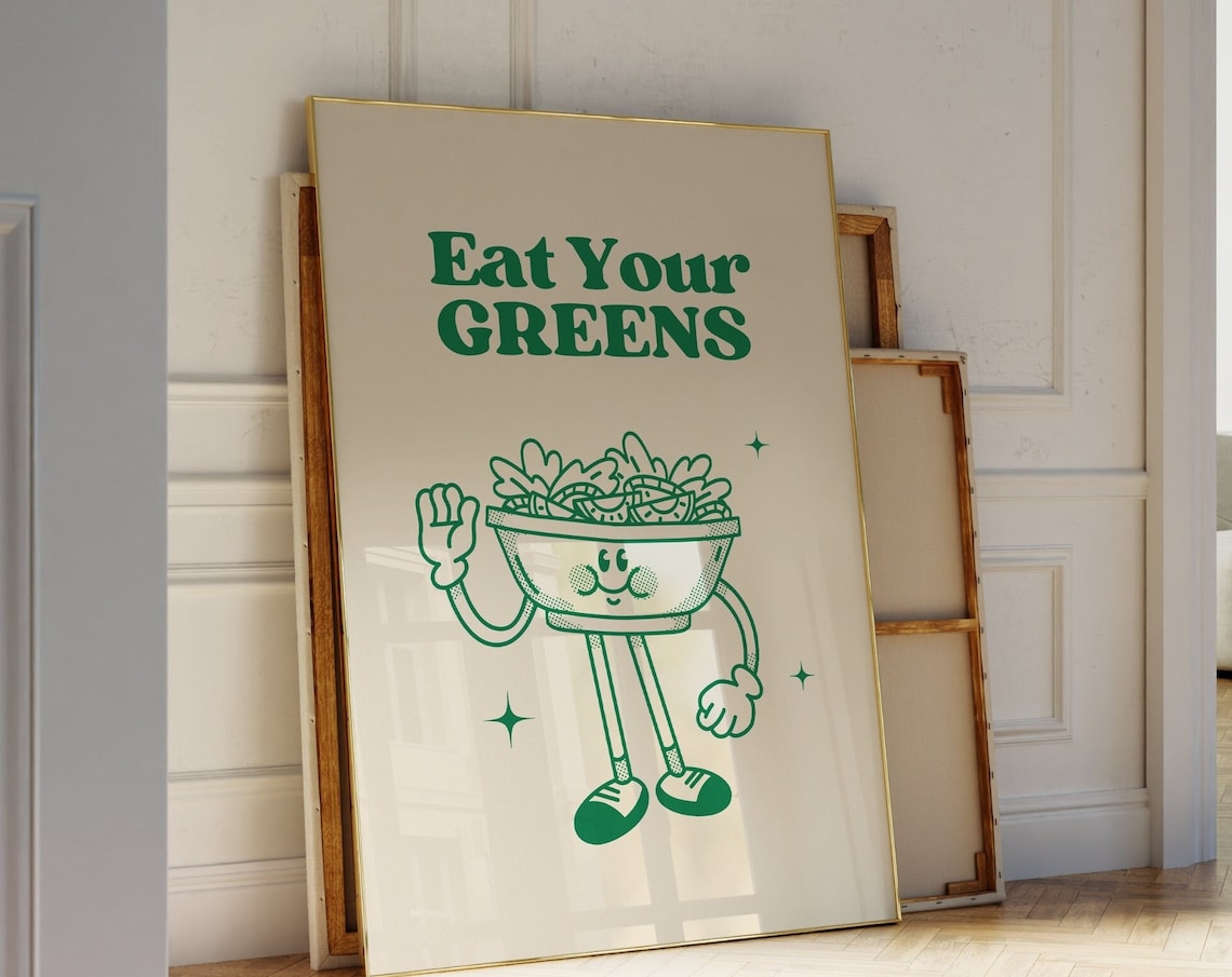 Eat Your Greens Retro Cartoon Salad Bowl Mascot Kitchen Poster - Image 3