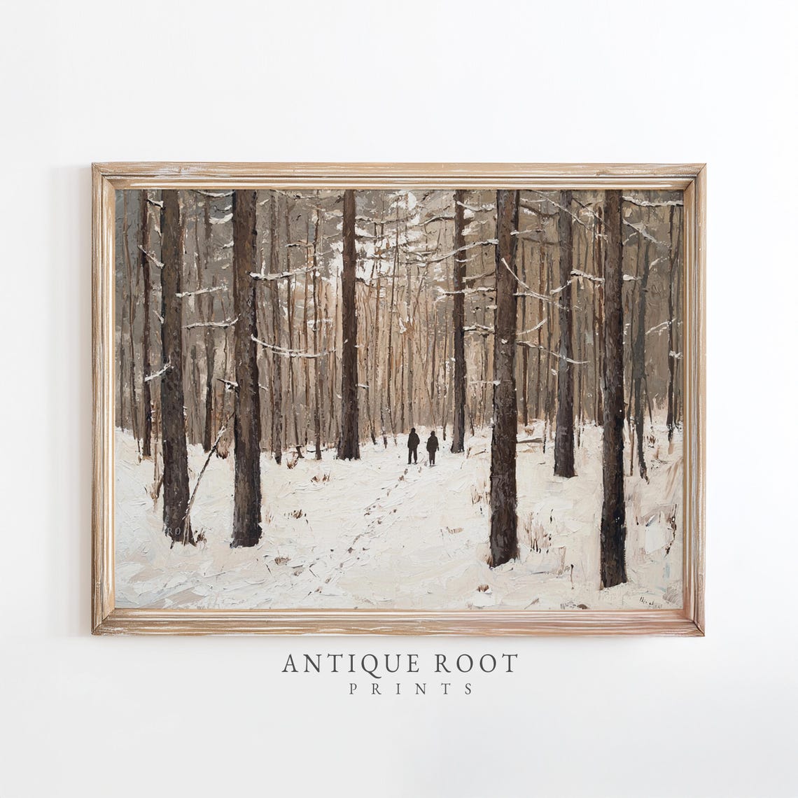 Two Walkers In Snowy Impressionist Forest Serene Winter Wall Art