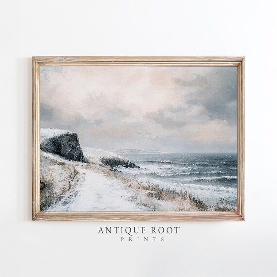 Snowy Coastline Winter Waves Moody Coastal Landscape Art Poster