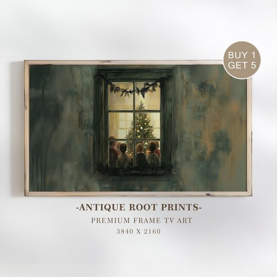 Children Watching Christmas Tree Through Window Nostalgic Poster