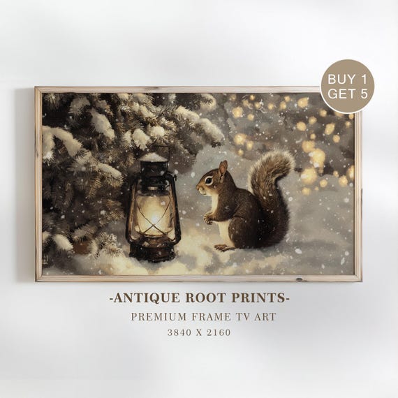 Cozy Squirrel Samsung Frame Tv Art Rustic Winter Illustration Cute Decor For Warm Lantern Snow 5