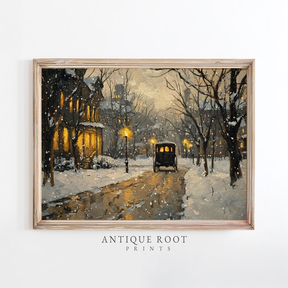 Winter Vintage Car Street Print Moody Impressionist Painting Cozy Wall Art Dusk Snowfall Scene 117