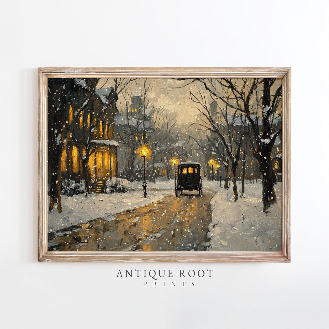 Snowy Vintage Street Horse Carriage Lamplight Evening Scene Art Poster