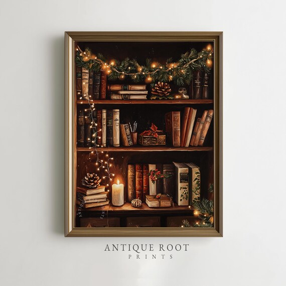 Cozy Christmas Bookshelf Fairy Lights Candle Books Vintage Decor Print