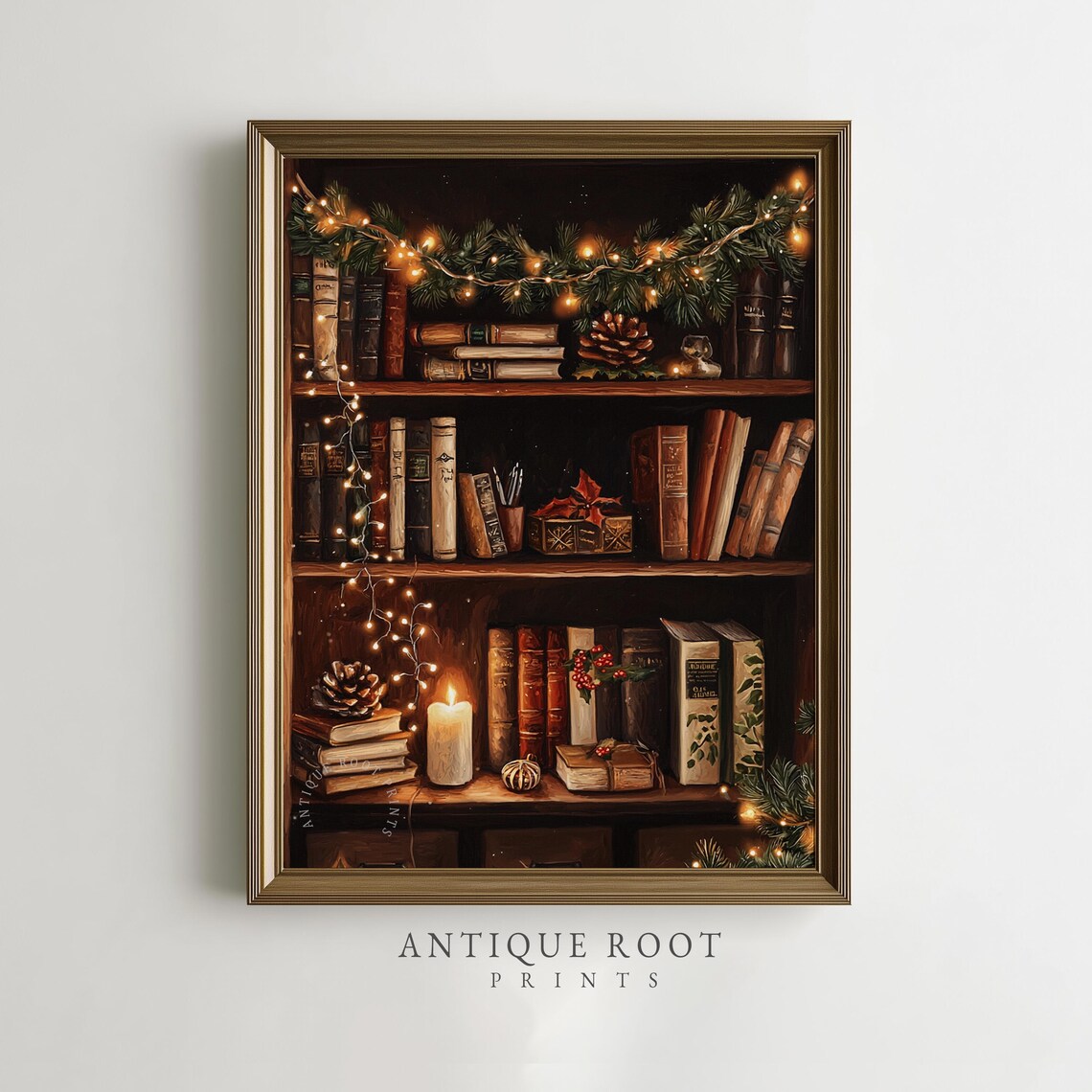 Cozy Christmas Bookshelf Fairy Lights Candle Books Vintage Decor Print