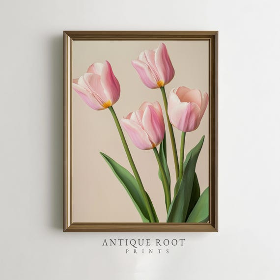 Spring Pink Tulip Botanical Print Vintage Floral Wall Art Pastel Living Room Decor Minimalist Illustration For Instant