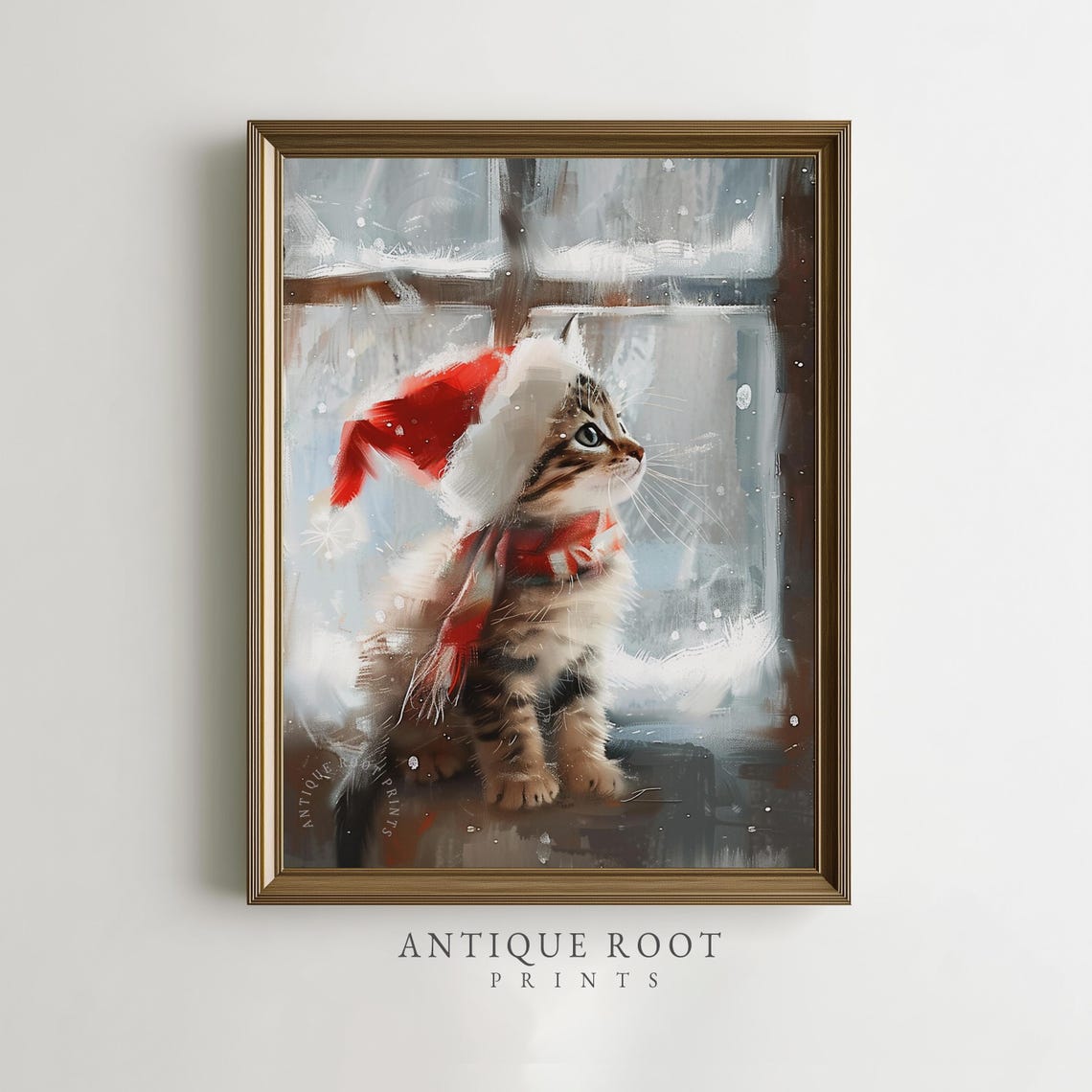 Kitten in Santa Hat by Snowy Window Cute Christmas Art Print