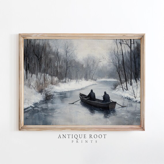 Winter River Rowboat Painting Moody Landscape Art Rustic Snowy Scene Neutral Cottage Decor Serene Nature