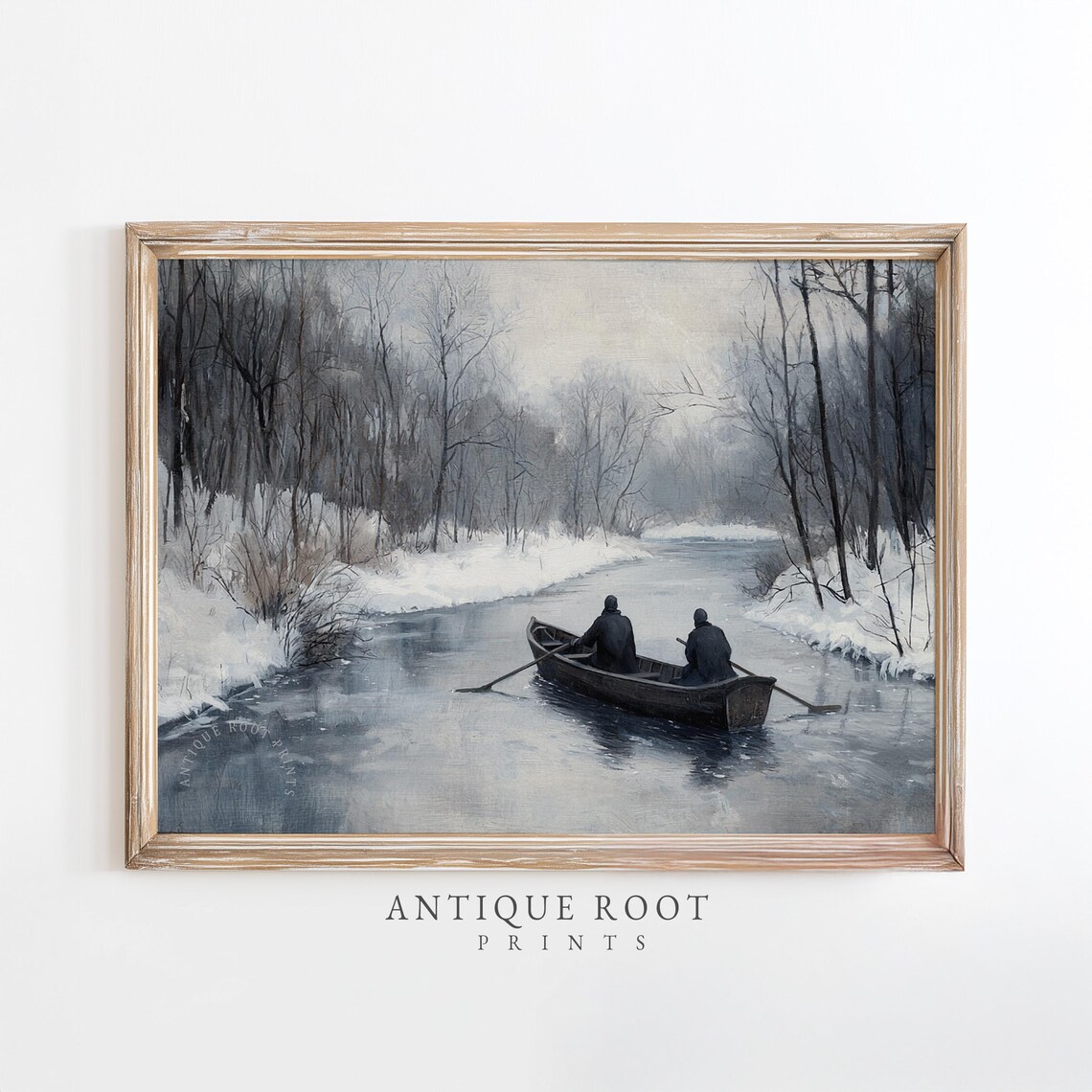 Winter River Rowboat Two Fishermen Moody Snowy Landscape Poster