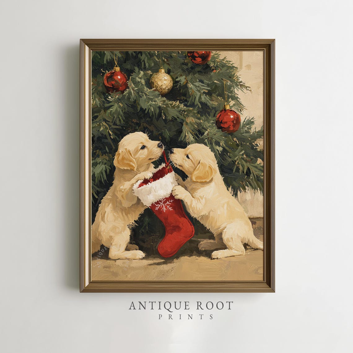 Cute Golden Retriever Puppies Christmas Stocking Tree Art Poster