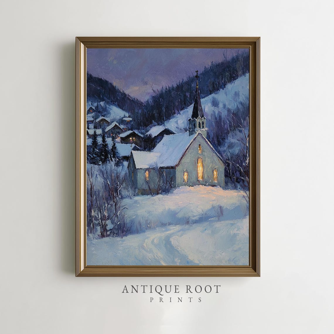 Snowy Village Church at Dusk Peaceful Winter Night Painting Poster