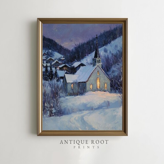 Snowy Village Church at Dusk Peaceful Winter Night Painting Poster