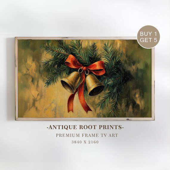 Vintage Christmas Bells With Red Bow Pine Branch Holiday Art Poster