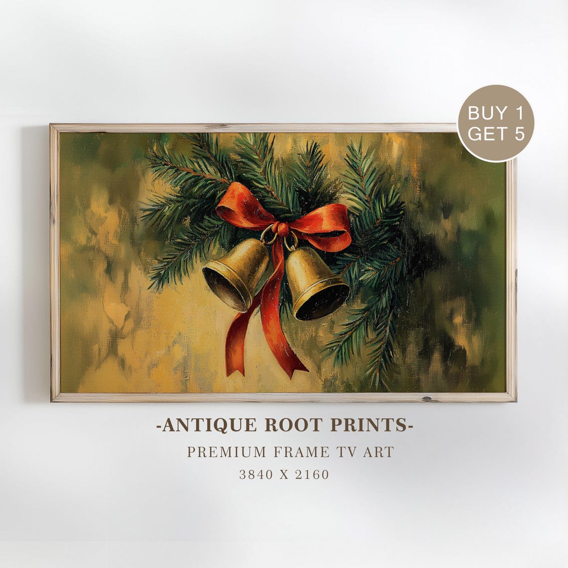 Vintage Christmas Bells With Red Bow Pine Branch Holiday Art Poster