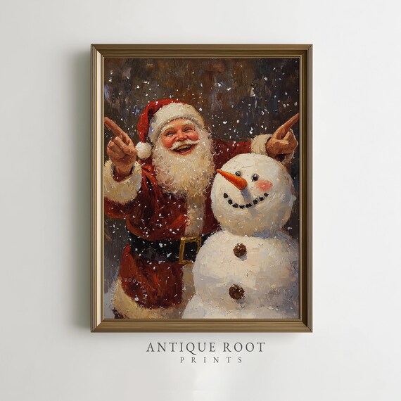 Santa Claus And Snowman Cheerful Vintage Holiday Painting Poster