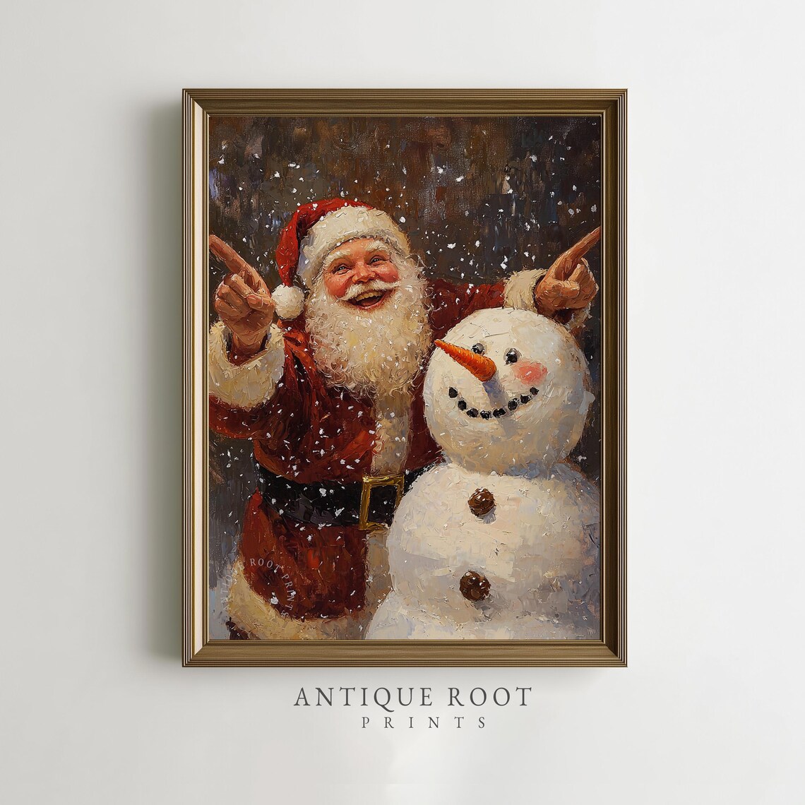 Santa Claus And Snowman Cheerful Vintage Holiday Painting Poster