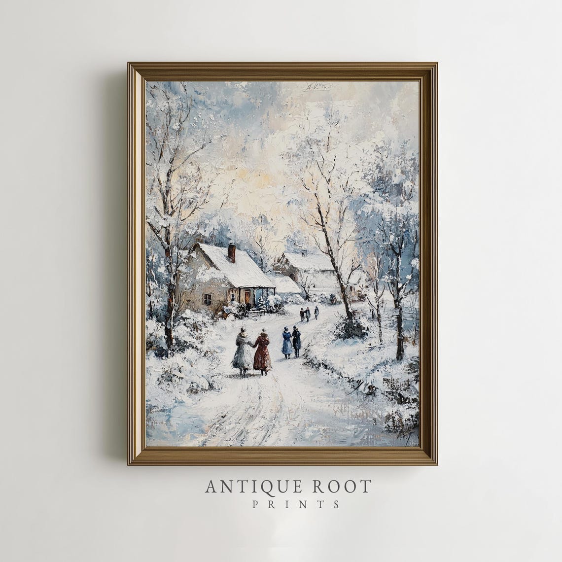 Cozy Winter Village Lane Snowy Cottages Impressionist Art Poster