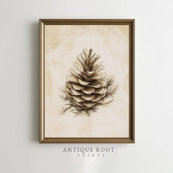 Vintage Pine Cone Botanical Art Rustic Farmhouse Neutral Wall Decor Illustration Cozy Natureinspired