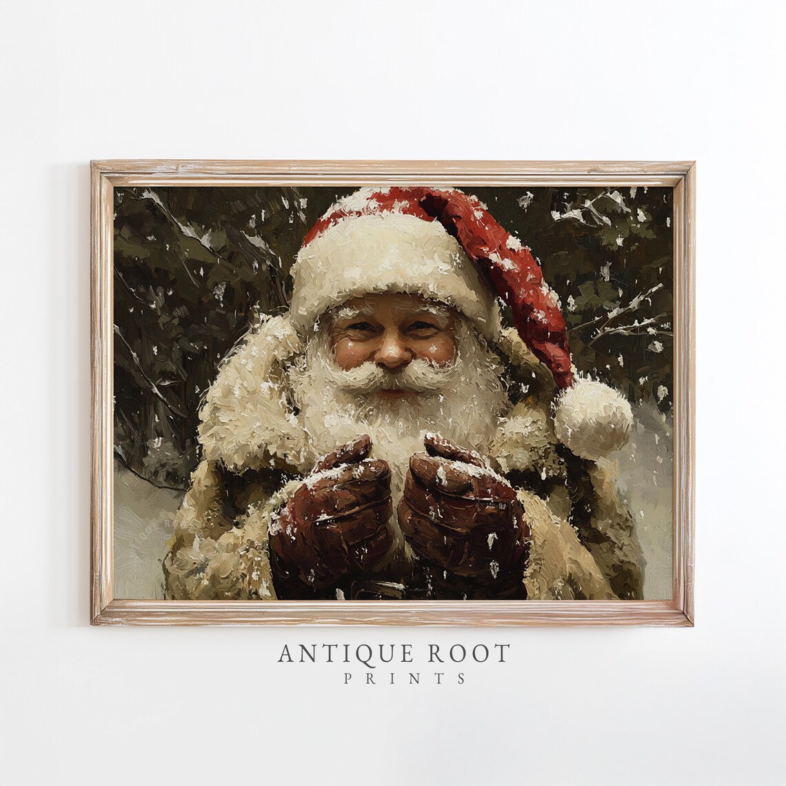 Santa Claus in Snowfall Vintage Style Christmas Oil Painting Print