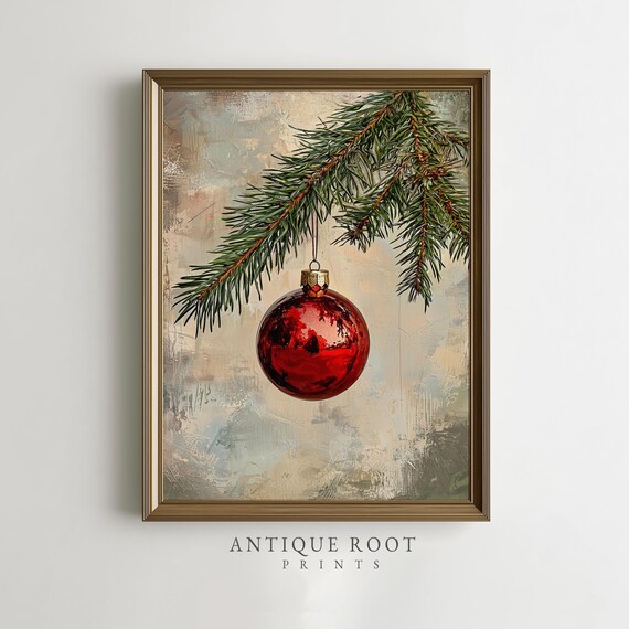 Classic Red Christmas Bauble Pine Branch Vintage Holiday Art Poster