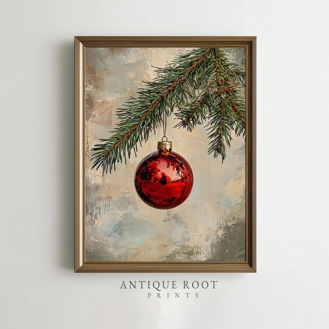 Classic Red Christmas Bauble Pine Branch Vintage Holiday Art Poster