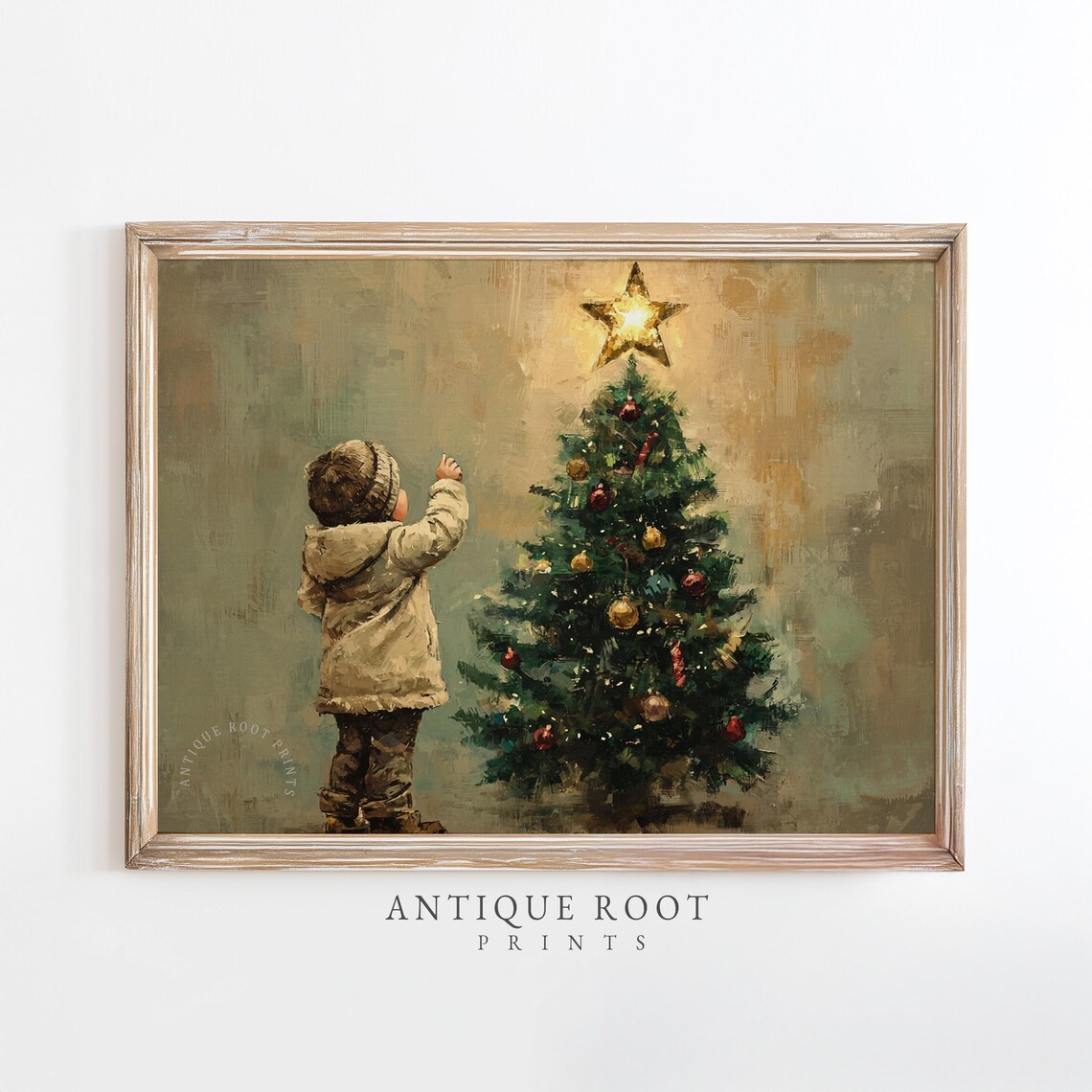 Christmas Child Reaching Star Vintage Festive Holiday Night Print