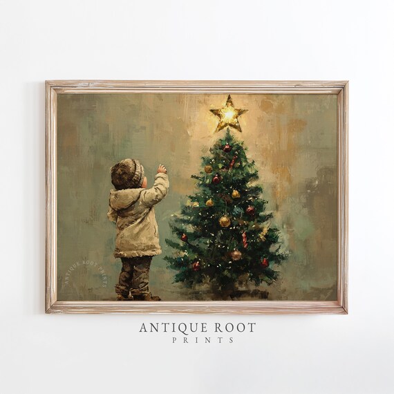 Christmas Child Reaching Star Vintage Festive Holiday Night Print