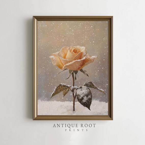 Winter Rose Botanical Print Romantic Floral Wall Art Moody Minimalist Decor Neutral Vintage Home Accent Instant
