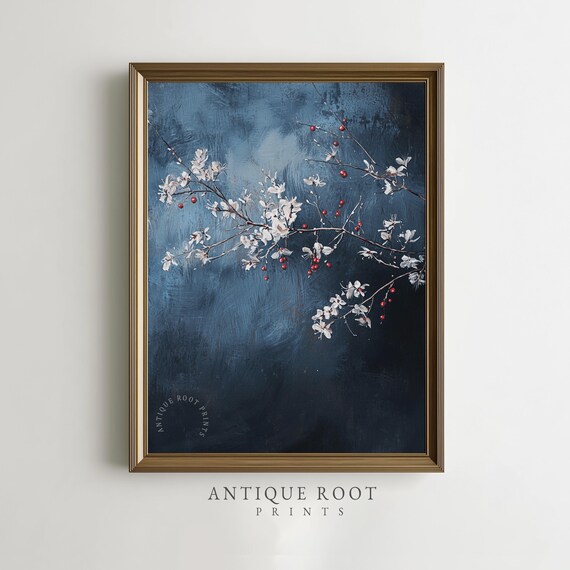 Moody Floral Botanical Print Vintage Blossom And Berry Wall Art Textured Minimalist Decor Dark Instant