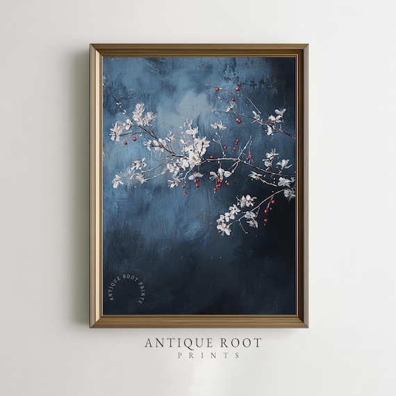 White Blossom And Red Berry Branch Moody Blue Botanical Wall Poster