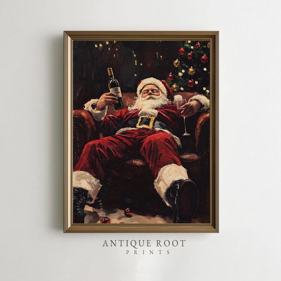Santa Relaxing With Wine Bottle Vintage Oil Painting Christmas Poster