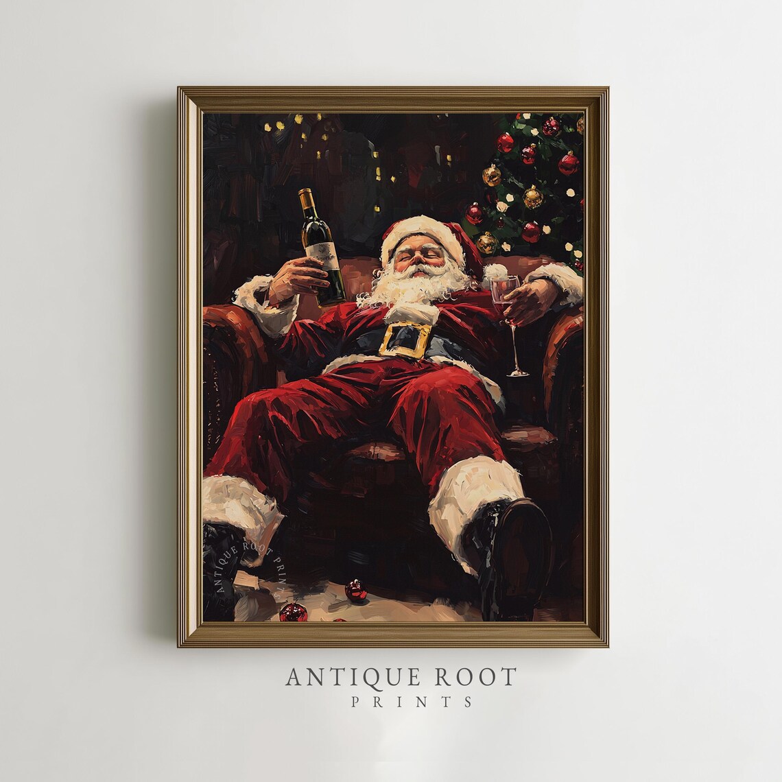 Santa Relaxing With Wine Bottle Vintage Oil Painting Christmas Poster