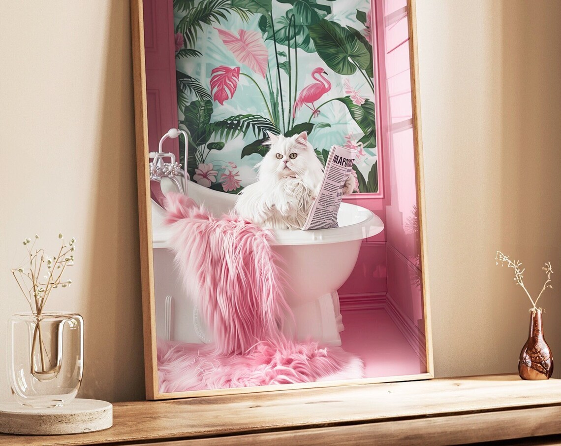 Cat Reading In Bathtub Funny Bathroom Wall Art - Image 3