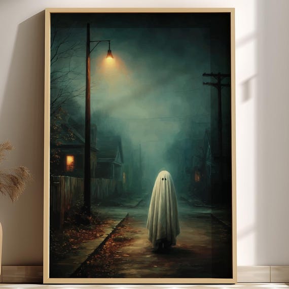 Suburban Poster Porchlight Apparition Surreal Night Scene Wall Art Liminal Ghostcore Print Moody Streetlight Decor