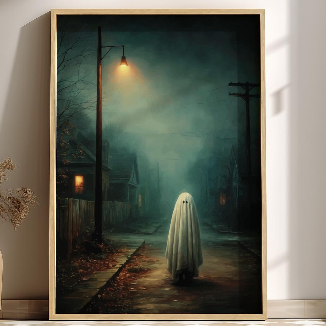 Ghost Under Streetlamp Foggy Suburban Night Street Eerie Art Poster
