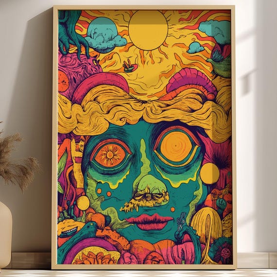 Trippy Sun Poster Solar Reverie Psychedelic Art Print Colorful Cosmic Swirl Wall Decor Funky Retro Celestial For Lovers