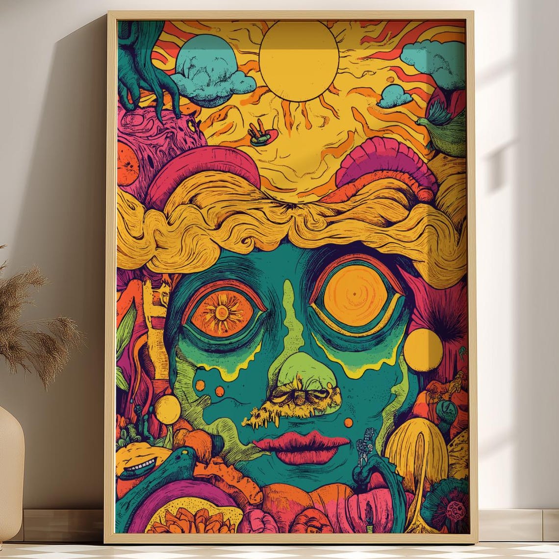 Trippy Sun Melting Face Psychedelic Cosmic Surreal Dream Poster