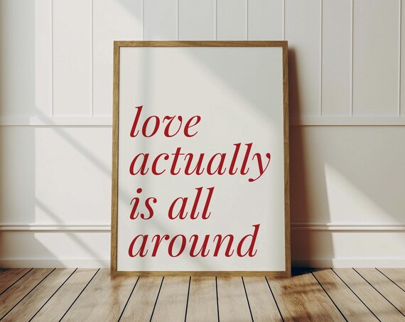 Love Actually Is All Around Red Preppy Print Girly Trendy Poster Bathroom Retro Wall Art Sign Couples Lovers Cute Decor
