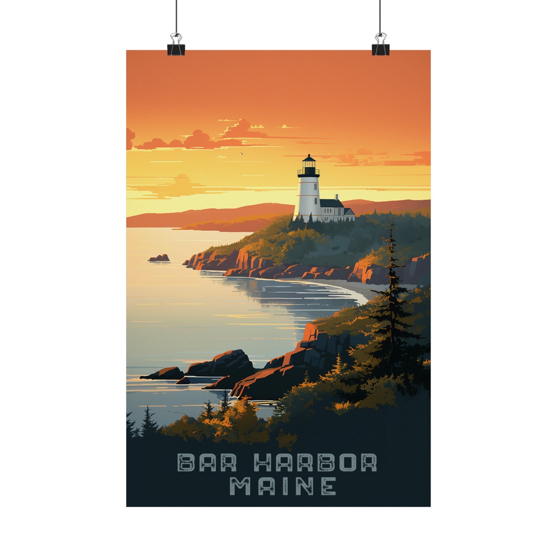 Bar Harbor Maine Rocky Coast Lighthouse Sunset Travel Poster